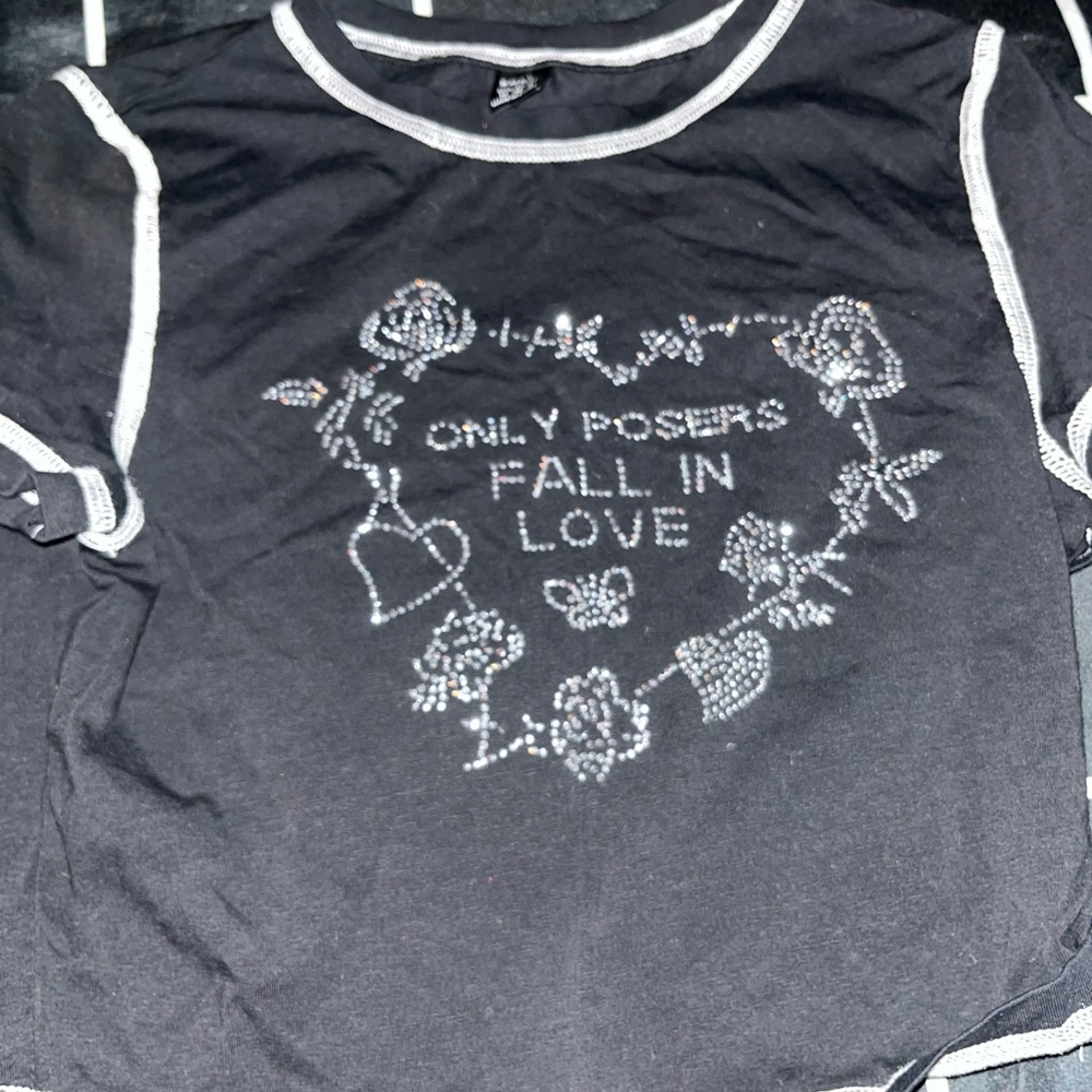 Slogan Rhinestone Contrast Stitch Tee